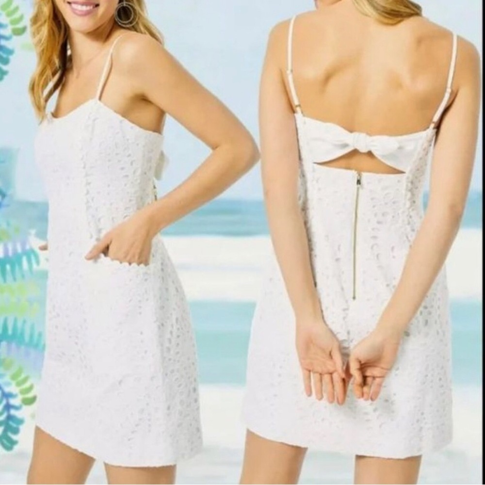 Lilly Pulitzer Shelli Eyelet Mini Dress Womens 0 White Cotton Resort Tropical - Picture 2 of 14
